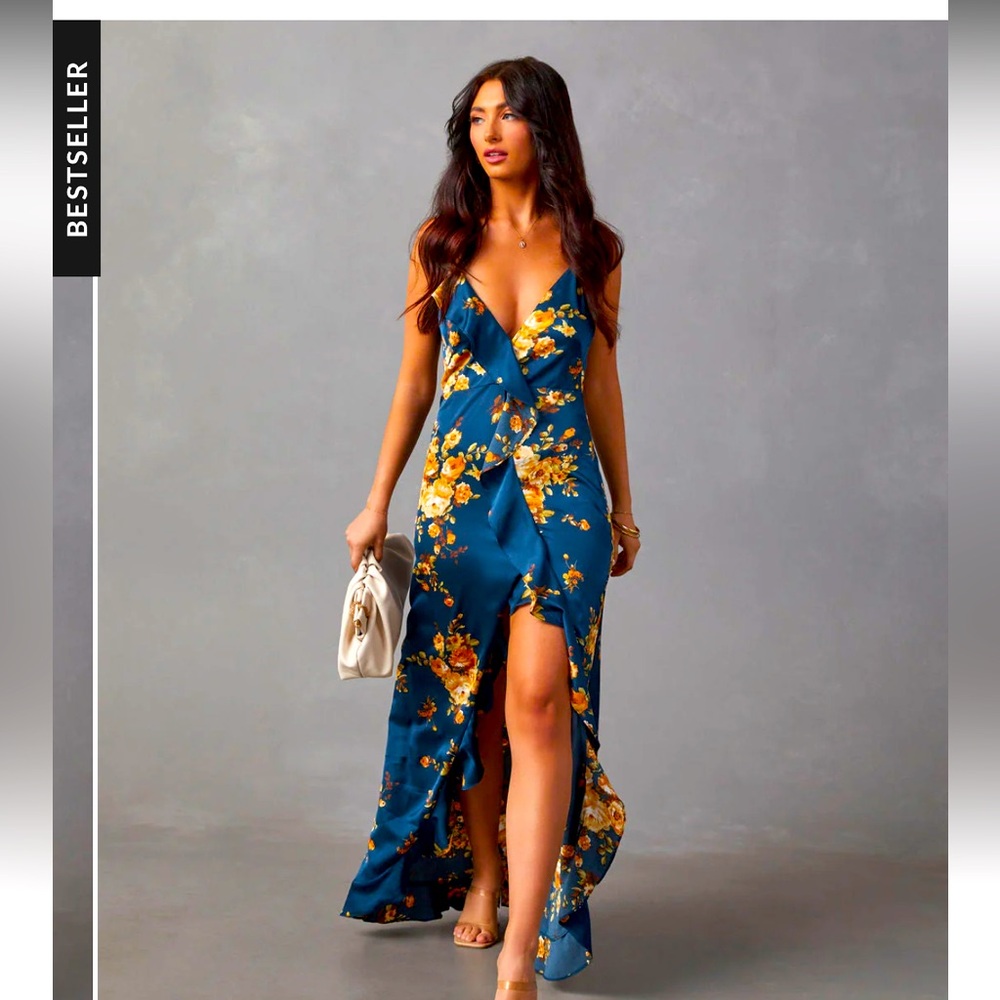 Vici Blue and Gold Maxi Dress with Elegant Silhouette